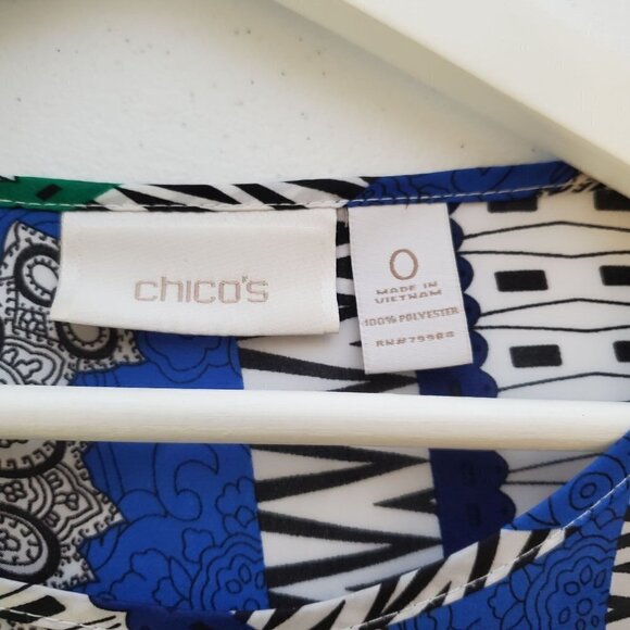 CHICO'S 0 (4) Blouse 3/4 Roll Tab‎ Sleeves Blue Geometric Bandana - Picture 3 of 4